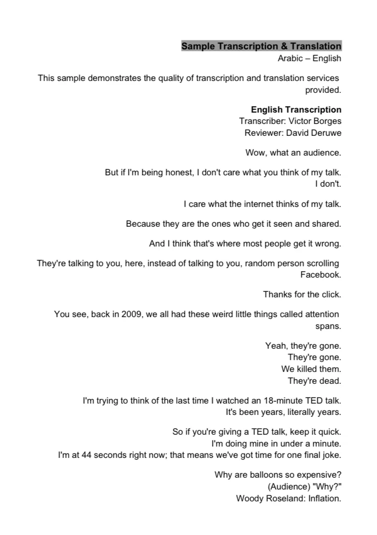 اقدم لك خدمه تفريغ ونسخ المحتوى وترجمة الى اللغة الإنجليزية والعكس 