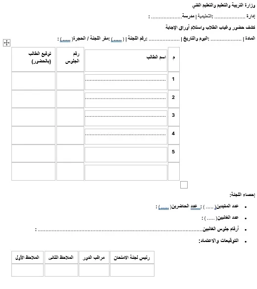 تنظيم لجان الامتحانات و اعداد كشوف بيانات الطلاب فى كل لجنة و ملصق لكل طالب على طربيزته 