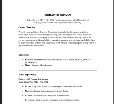 سأقوم بإنشاء سيرة ذاتية (CV) احترافية مصممة خصيصًا لتتوافق مع ATS 