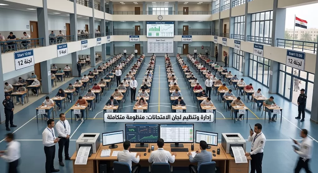 تنظيم لجان الامتحانات و اعداد كشوف بيانات الطلاب فى كل لجنة و ملصق لكل طالب على طربيزته 